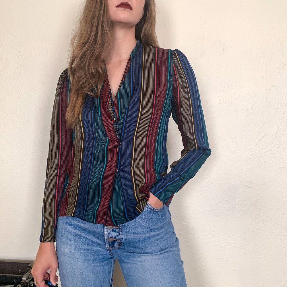 Langtry Gold Label vintage 80s black blouse blazer with rainbow vertical stripes